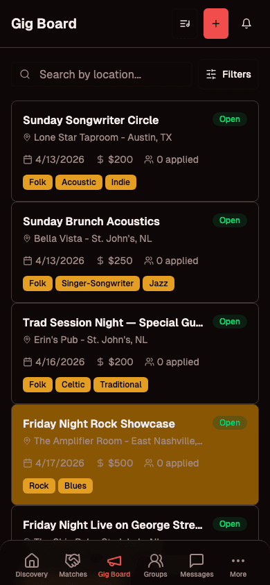 Bander gig board showing upcoming shows