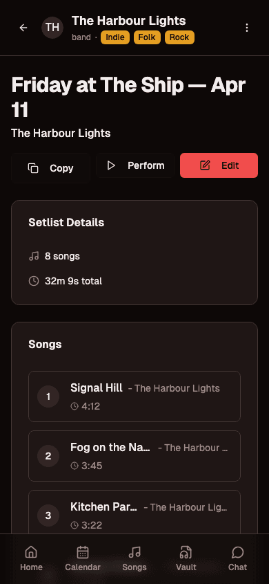Setlist builder with songs, keys, BPM, and total runtime